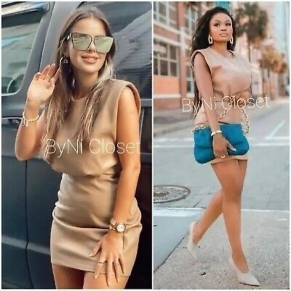 ZARA Faux Leather Shoulder Pads Sleeveles Tan Mini Dress Sz L Bloggers Favorite - Picture 4 of 16